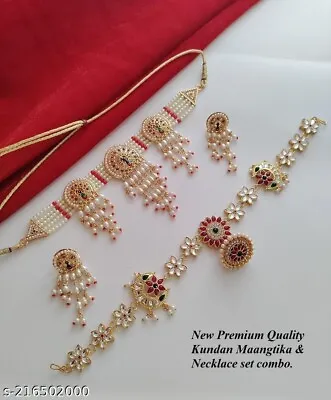 Bollywood Indian Gold Plated Pearl Red Rajwadi Choker Necklace Jewelry Set • $18.10