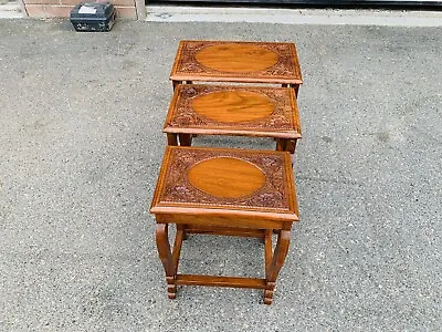 $499.95 • Buy Beautiful Set Of 3 Vintage Mid Century Teak Hand Carved Nesting Tables Set