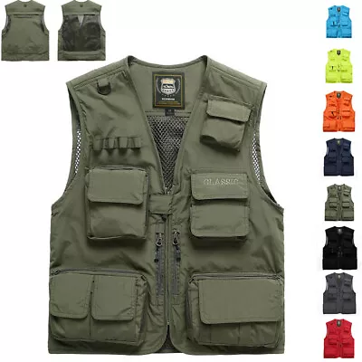 Men Waistcoat Multi Pockets Cargo Jacket Vest Gilet Fishing Zip Sleeveless Tops • $35.49