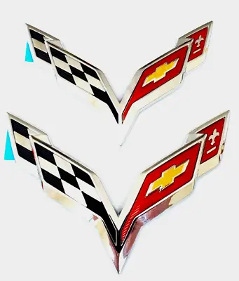 Pair Fits 2014-2019 Corvette C7 Emblem Cross Flags Badge 3D Logo (Chrome) • $25.35