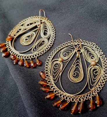 Vintage Indian Bohemian Ethnic Unique 1960s Rare Filigree  Earrings Gold Silver  • $55