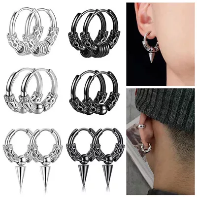 1 Pair Unisex Earrings Metal Men Punk Hip Hop Punk Circle Huggie Hoop Earring • £2.39