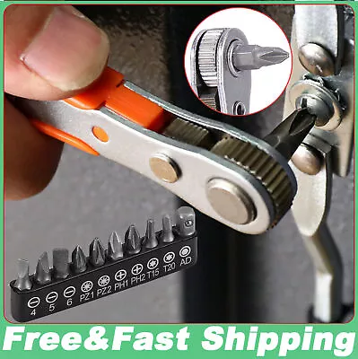 US Ratcheting Right Angle Screwdriver Hex Drive 90 Degree Offset & 10pc Bits Set • $7.70