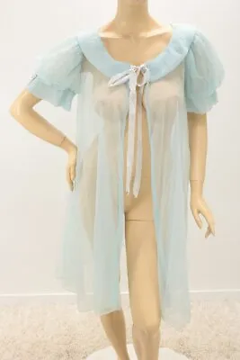 Vintage Val Mode Robe See Through Sheer Peignoir M Blue Chiffon Nylon Lingerie • $27.95