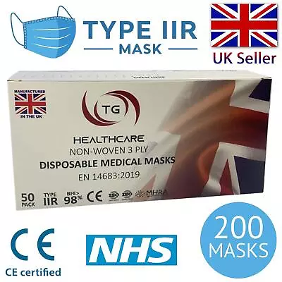 Type IIR 2R Surgical Face Masks 3-Ply Medical Grade EN14683 CE Approved  X 200 • £10.99