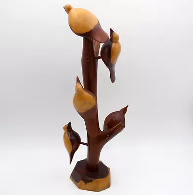 Folk Art Carved Wood Bird Tree Sculpture 5 Birds 15 Inch Hand Carved VTG  AS IS • $28.98