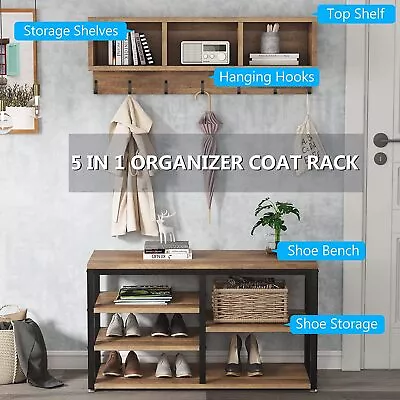 Rustic Entryway Coat Rack Shoe Bench Set Industrial Storage Shelf Multipurpose • $126.94