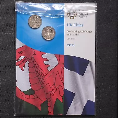 2 X 1 Pound Coin Set Cities Edinburgh Cardif Royal Mint Pack Brand New BUNC 2011 • £15
