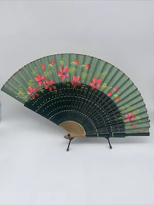 £19.99 • Buy STUNNING - Vintage Hand Painted Wooden HAND FAN - Green - Pink Flowers Art Work
