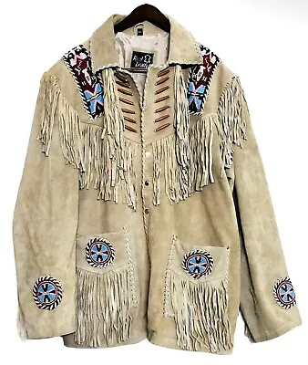 Mens Cowboy Western Leather Jacket Coat With Fringe & Beaded • $124.99