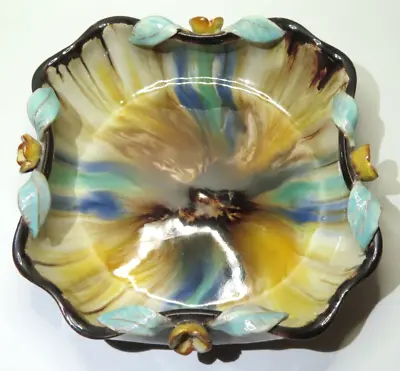 Vintage Sierndorf Austria Majolica Bowl Drip Glaze Applied Flowers 9  Stunning! • $39.50