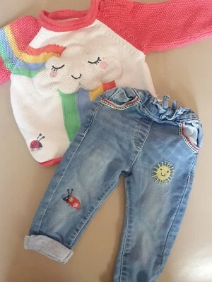 £1.20 • Buy 6-9 Months Baby Girl Nutmeg Rainbow Jumper And Jeans Set
