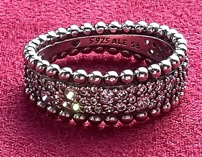 925 Sterling Silver  PANDORA Beaded Pave Band CZ Ring Size 7.25 - 55.5 Mm. • $45.99