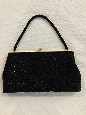 Vintage Jet Black Beaded Handbag Evening Purse Hong Kong Kiss Lock Rhinestones • $17.99