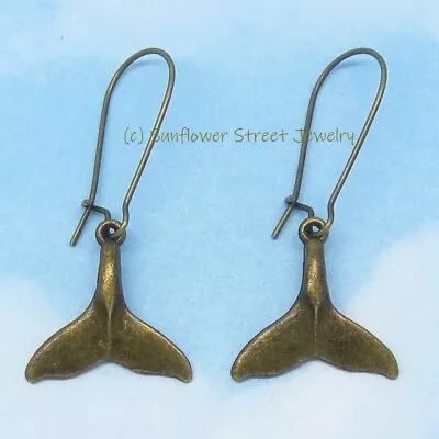 Whale Tail Earrings Antique Brass Bronze Tone 02024 Fluke Hawaii Mermaid Tail • $6.98