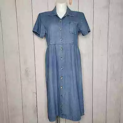 Vintage Womens Cottegecore Button Front Teachers Denim Dress Size 12 • $34.95