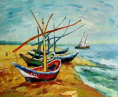 Van Gogh Fishing Boats On Beach Repro Quality Hand Painted Oil Painting 8x10in • $46.95