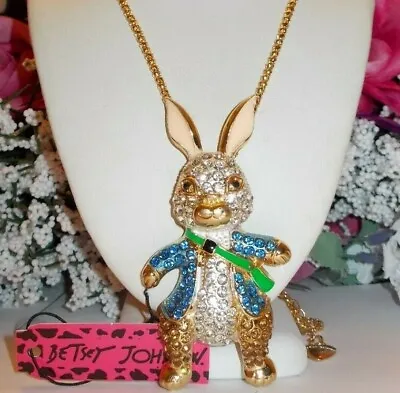 Betsey Johnson Cute Crystal Mr. Rabbit In Blue A Suit Pendant Necklace • $31.99