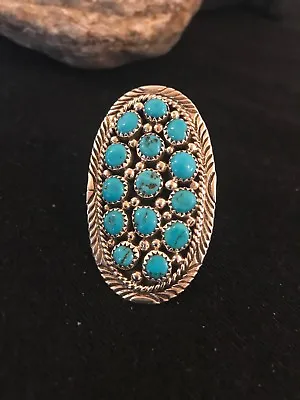 Blue Kingman Turquoise Navajo Sterling Silver Cluster Ring Size 7.5 8392 • $342.01