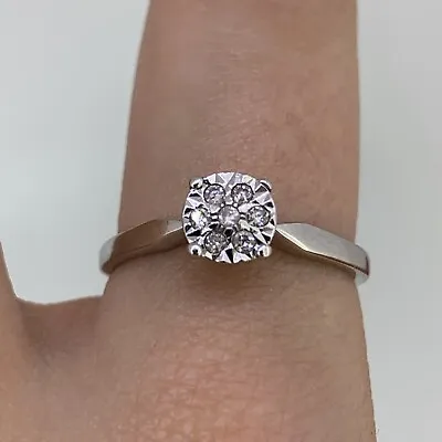 Diamond Illusion Solitaire Ring 9ct 9K White Gold - Size Q • £100