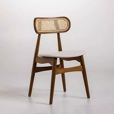 Halas Dining Chair Fabric Seat With Cane Backrest Dark Oak Ash Mid-Century Frame • £169