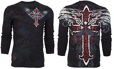 ARCHAIC By AFFLICTION Men's Long Sleeve THERMAL Shirt RED FLAG Biker Black • $27.95