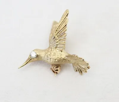 Vintage 14K Gold Diamond Hummingbird Bird Brooch Pin • $125