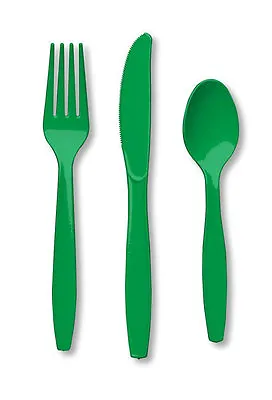 24 Piece Green Premium Plastic Forks Spoons Knives Cutlery  - 8 Ea • £2.79