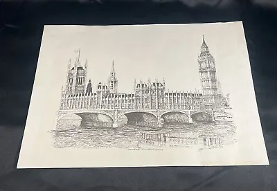 VTG Signed Hans Pen And Ink Drawing Westminster Bridge London 12x17’’ • £20.70