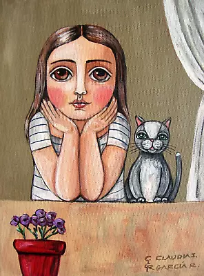 Original & Mexican Folk Art.  GIRL WITH HER CAT  6 X8  Stretched Canvas • $37.50