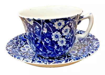 1 Flat Tea Cup Saucer Set Calico Blue Royal Crownford Staffordshire UK Chintz • $24.99