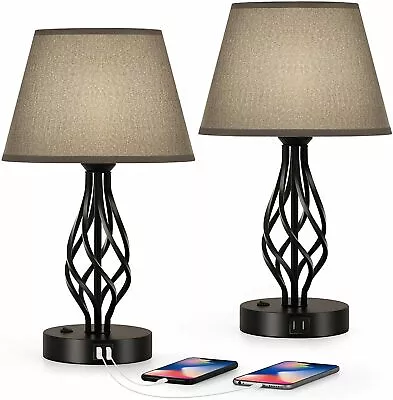 Table Lamps Set Of 2 Bedroom Bedside Nightstand Lamp W/Dual USB Port & AC Outlet • $40.99