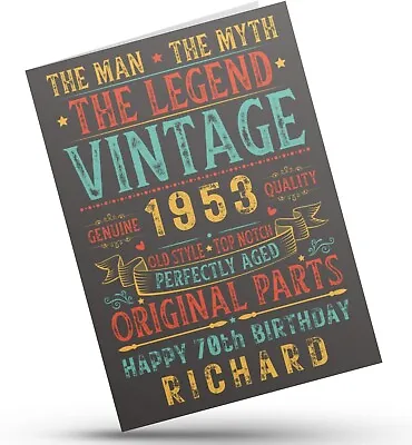 Personalised 70th Birthday Card For Him Vintage Male 1953Any Name 70 Years Old • £3.79