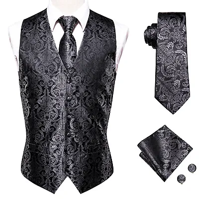 $21.66 • Buy USA Men's Vest Paisley Gray Silk Waistcoat Cufflink Hanky Set Classic Wedding