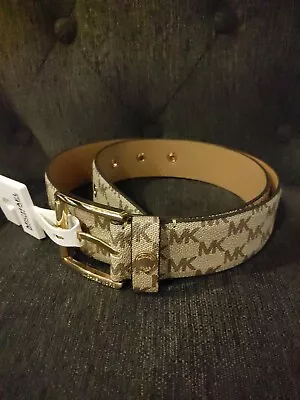 Michael Kors Womens MK Logo Gold Buckle Belt Jean Beige Tan Brown Size L NWT • $42