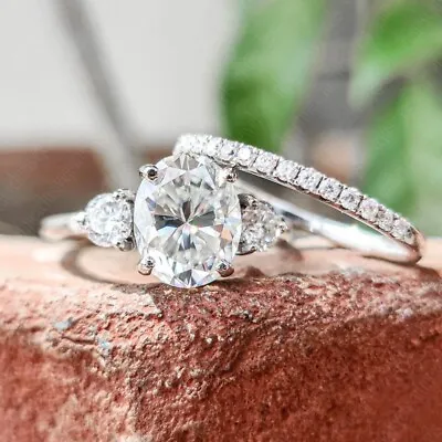 4.26 TCW Oval Moissanite Three Stone Bridal Set Engagement Ring 14K White Gold • $911.40