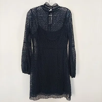 ZARA Basic Crochet Lace Dress Large Long Sleeved Choker Neck Emerald Green • $29