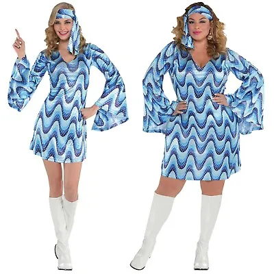 Womens Ladies Hippie Disco 60s 70s Blue Go Go Dancer Fancy Dress Party Costume • £25.99