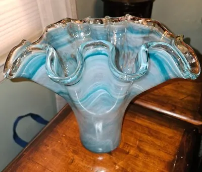 Murano ? Art Glass Vase Ruffled Top Teal Blue Gold Glitter 12  Ruffle BEAUTIFUL • $118