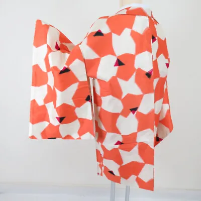 Antique Kimono Haori Silk Meisen Geometric Pattern Orange 34.3inch Women's • $104