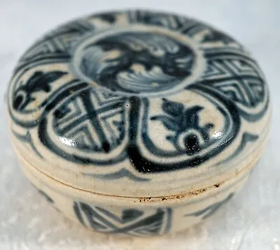 Blue & White Glaze Lidded Pottery Box Vietnam R&V Tregasksi Oriental Art $480 • $129.99