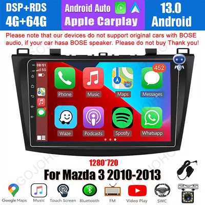 64GB Android 13 Car Radio Stereo GPS BT Navi Wifi CarPlay For Mazda 3 2010-2013 • $157.99