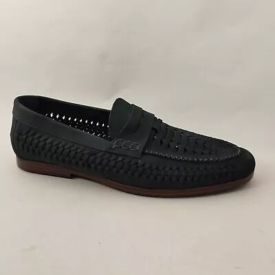 Marks & Spencer M&S Mens Loafers 8 Navy Leather Slip On Shoes Woven Fisherman • £26.99