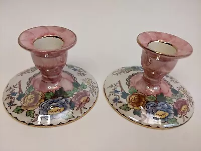 Perfect Condition Maling Peony Rose English Candlestick Pair Art Deco • £20