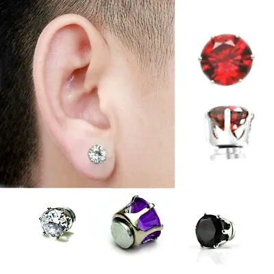 8mm ROUND Clear Black Purple Red “MAGNETIC” Clip On CZ EARRINGS – Gift Pouch  • $6.25