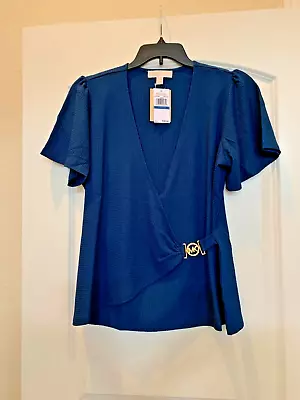 Beautiful NWT Michael Kors River Blue Faux Wrap Logo Charm Flowy Spring Top XL • $24.99