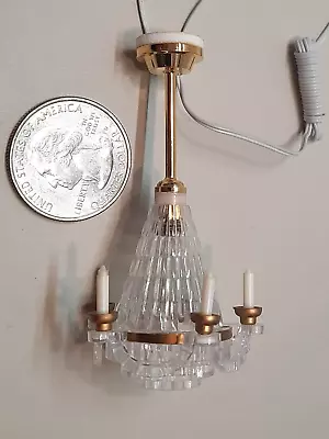 Dollhouse Miniature - Brass &Clear 5-candle Chandelier Centrally Lit • $14.95