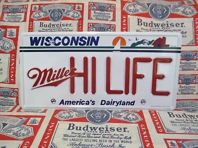 NEW 90's MILLER HIGH LIFE BEER WISCONSIN WI LICENSE PLATE IN MOTION TIN BAR SIGN • $227.77