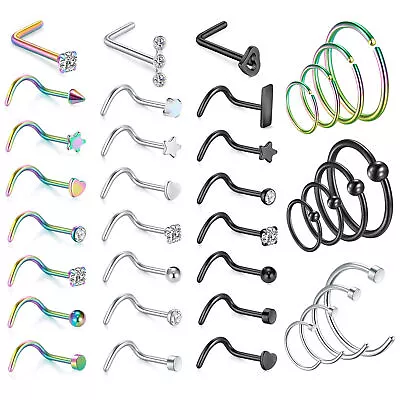 36PCS 20G Surgical Steel C-shaped L-shaped Nose Hoop Rings Nose Pin Screw Studs • $12.99