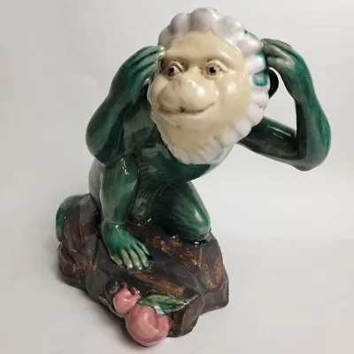 Vintage Large Majolica Style Ceramic Monkey Green Statue Hear No Evil • $84.99